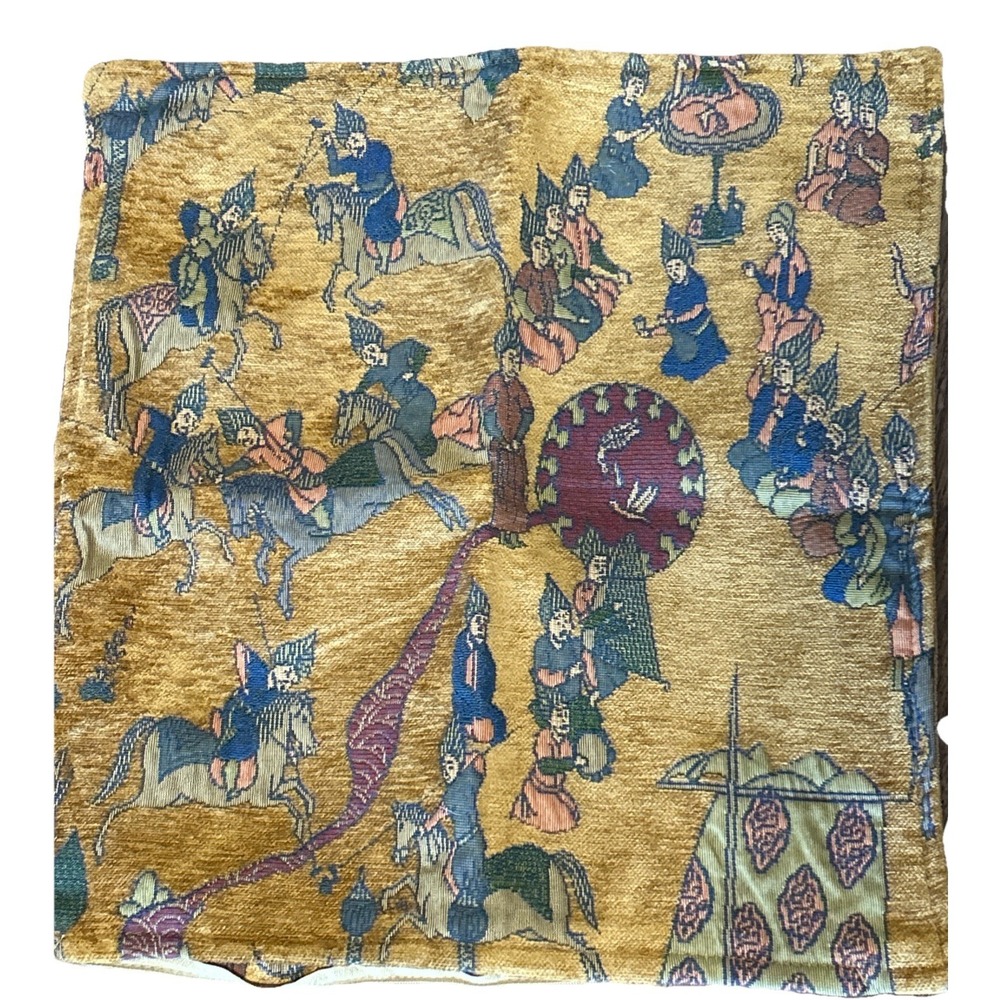 Vintage Pillow Covers Persian Folklore Novelty Print Scenes Turkey Blue Gold TWO - Picture 2 of 7